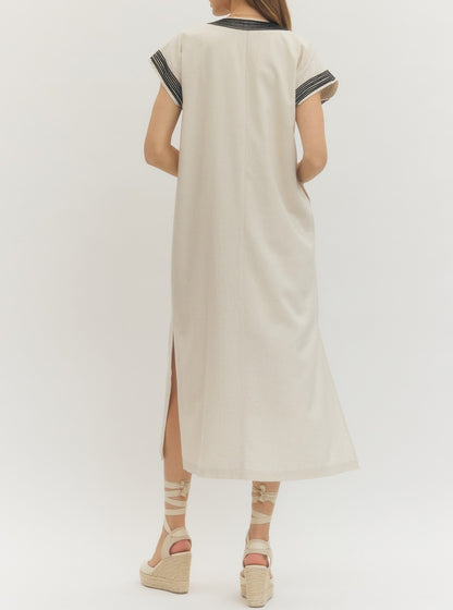 LINEN/BLACK TWISTED PIPING DETAIL SHORT SLEEVE MIDI DRESS