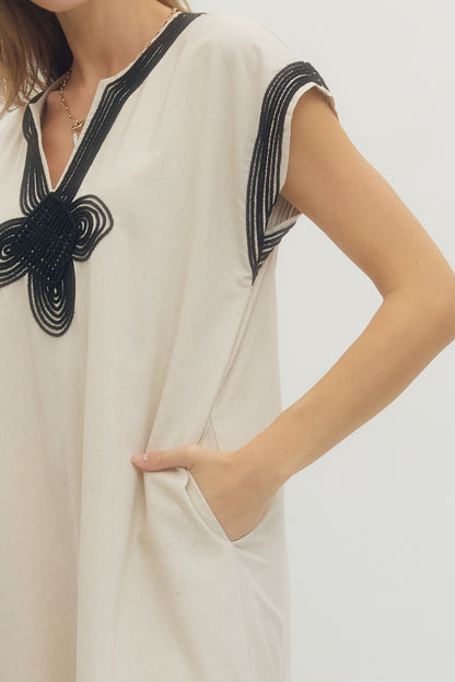 LINEN/BLACK TWISTED PIPING DETAIL SHORT SLEEVE MIDI DRESS