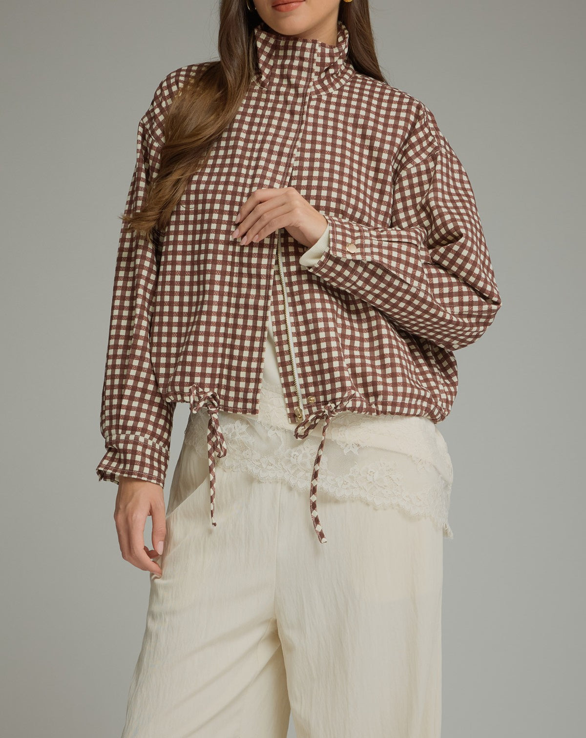 CHOCOLATE GINGHAM STAND COLLAR LONG SLEEVE DRAWSTRING JACKET