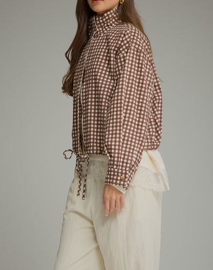 CHOCOLATE GINGHAM STAND COLLAR LONG SLEEVE DRAWSTRING JACKET