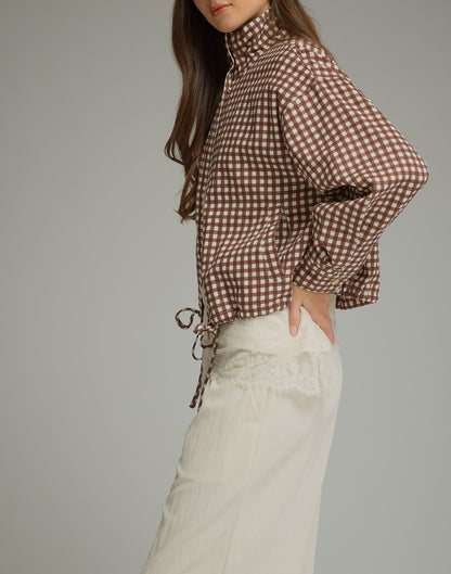 CHOCOLATE GINGHAM STAND COLLAR LONG SLEEVE DRAWSTRING JACKET