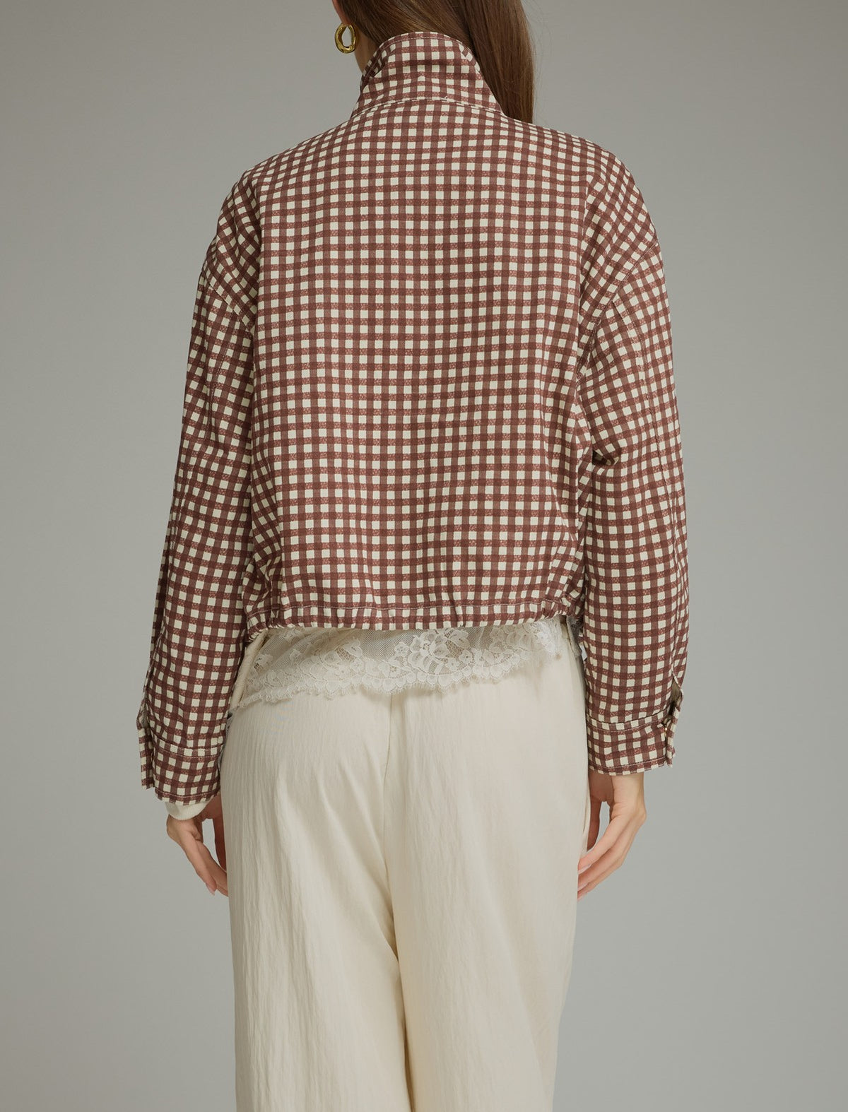 CHOCOLATE GINGHAM STAND COLLAR LONG SLEEVE DRAWSTRING JACKET
