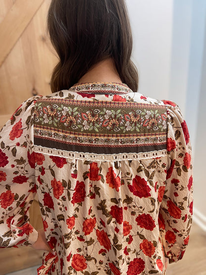 ECRU FLORAL PRINT LONG SLEEVE BLOUSE