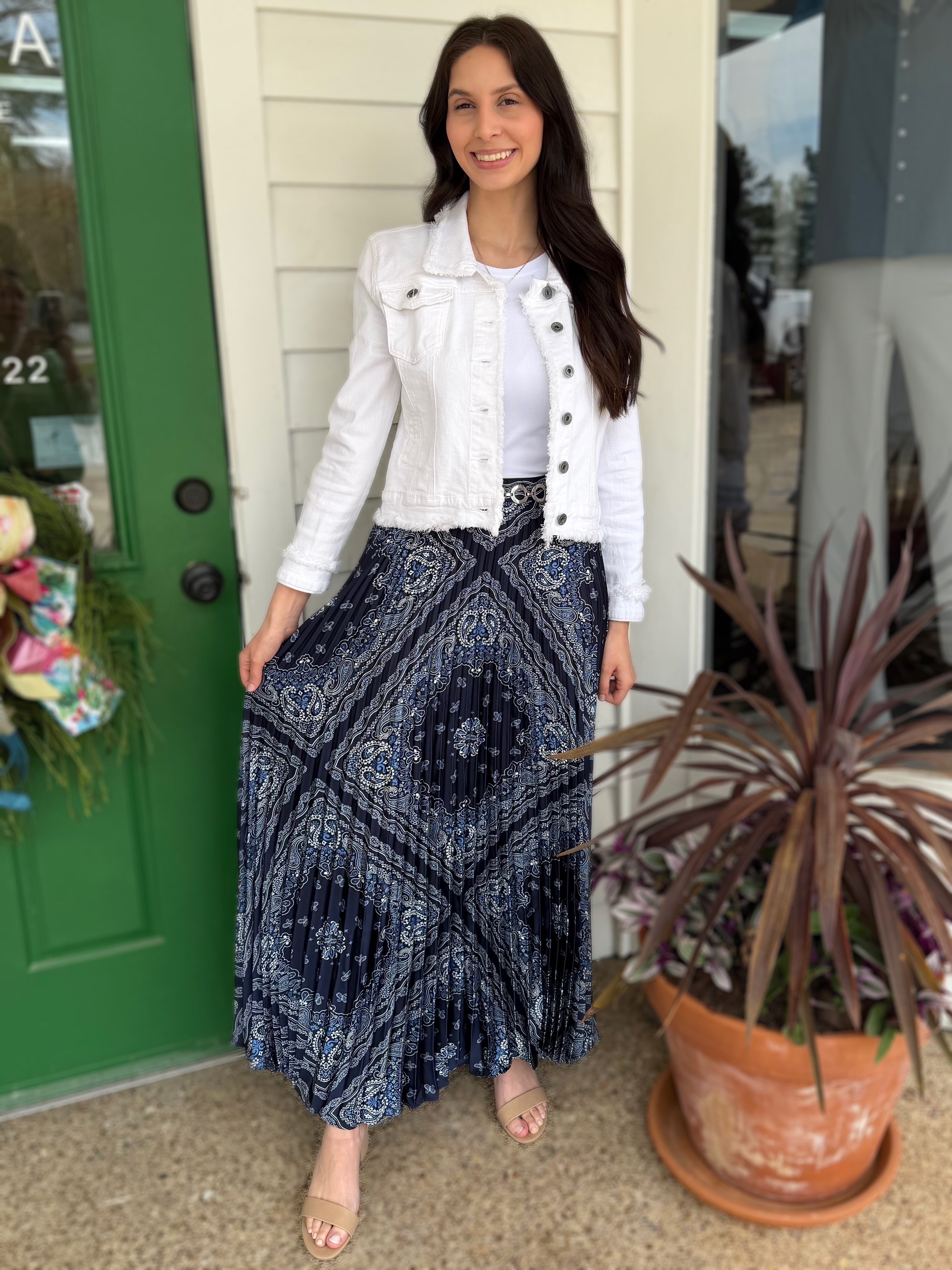 NAVY BANDANA PAISLEY PRINT PLEATED MAXI SKIRT