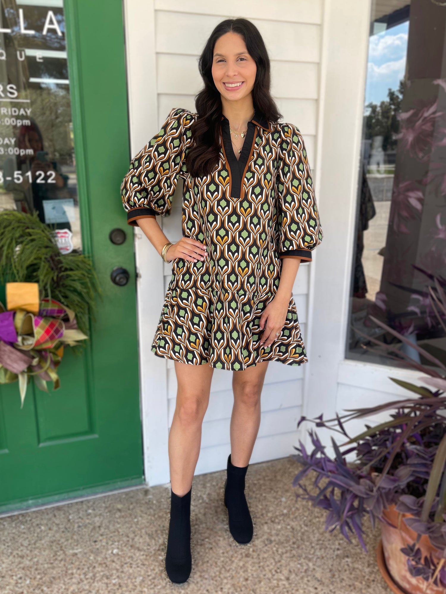 BLACK MULTI GEOMETRIC PRINT LONG PUFF SLEEVE MINI DRESS