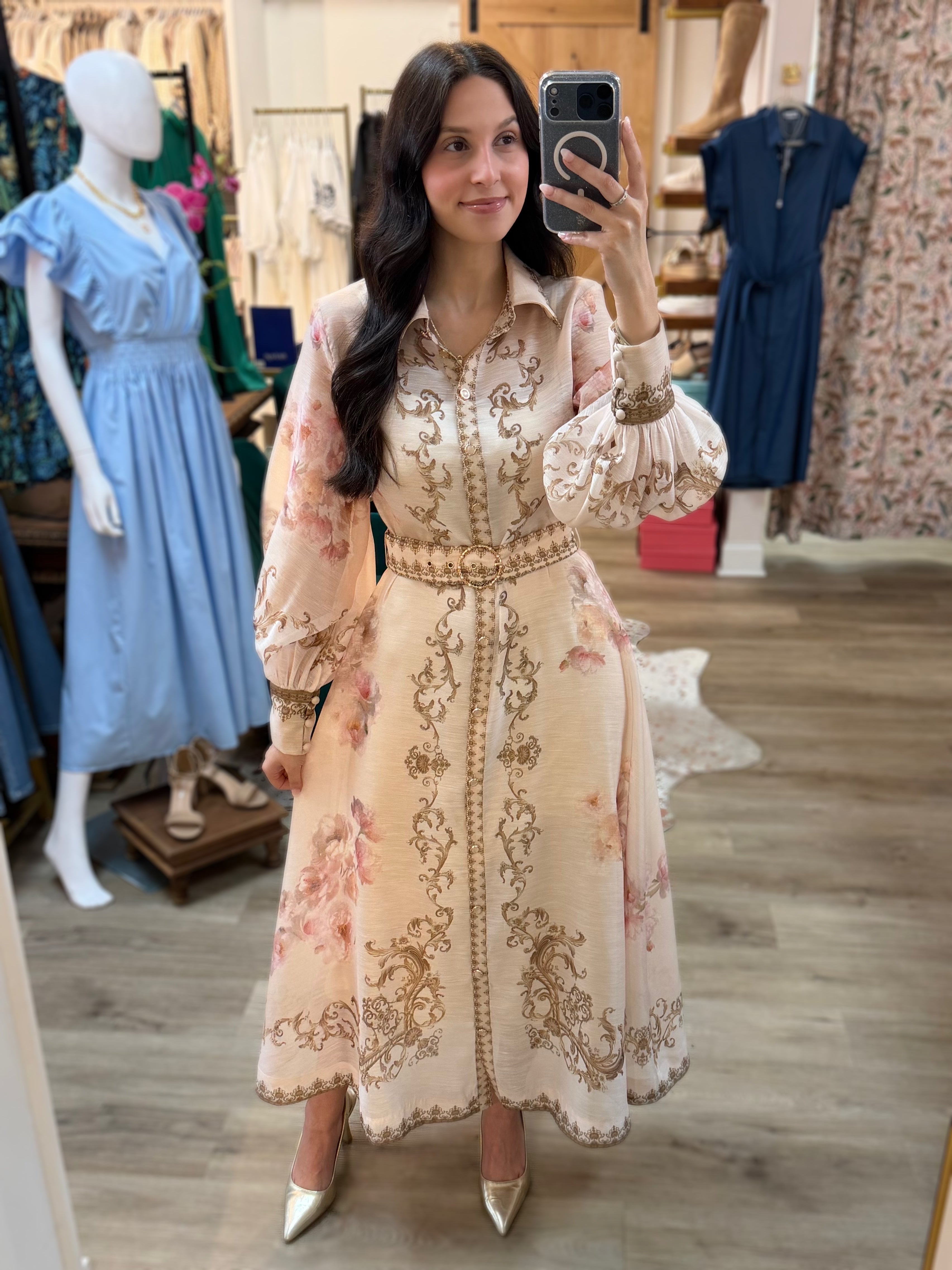 BEIGE MULTI FLORAL PRINT SHEER LONG SLEEVE BELTED BUTTON UP MAXI DRESS