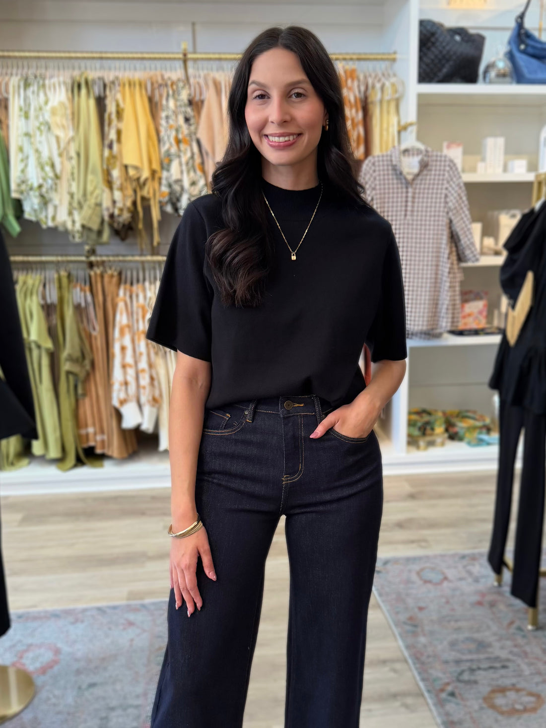 BLACK MOCK NECK SHORT SLEEVE KNIT TOP