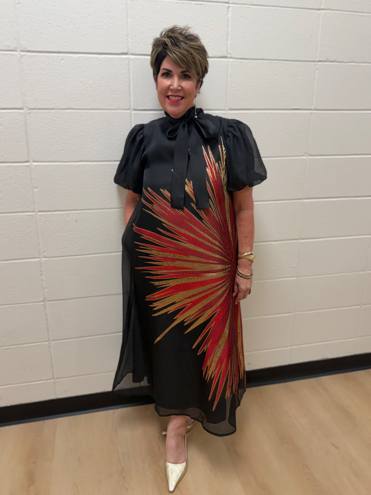 BLACK/RED &amp; GOLD METALLIC SUNBURST ORGANZA HIGH NECK SHORT PUFF SLEEVE MIDI DRESS
