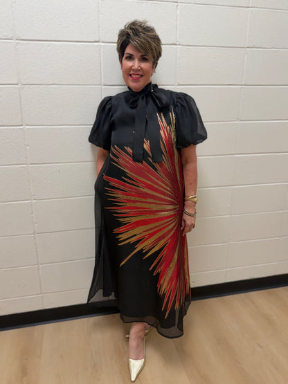 BLACK/RED &amp; GOLD METALLIC SUNBURST ORGANZA HIGH NECK SHORT PUFF SLEEVE MIDI DRESS