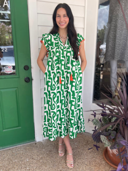 GREEN PRINTED TASSEL TIE FLUTTER SLEEVE MAXI DRESS