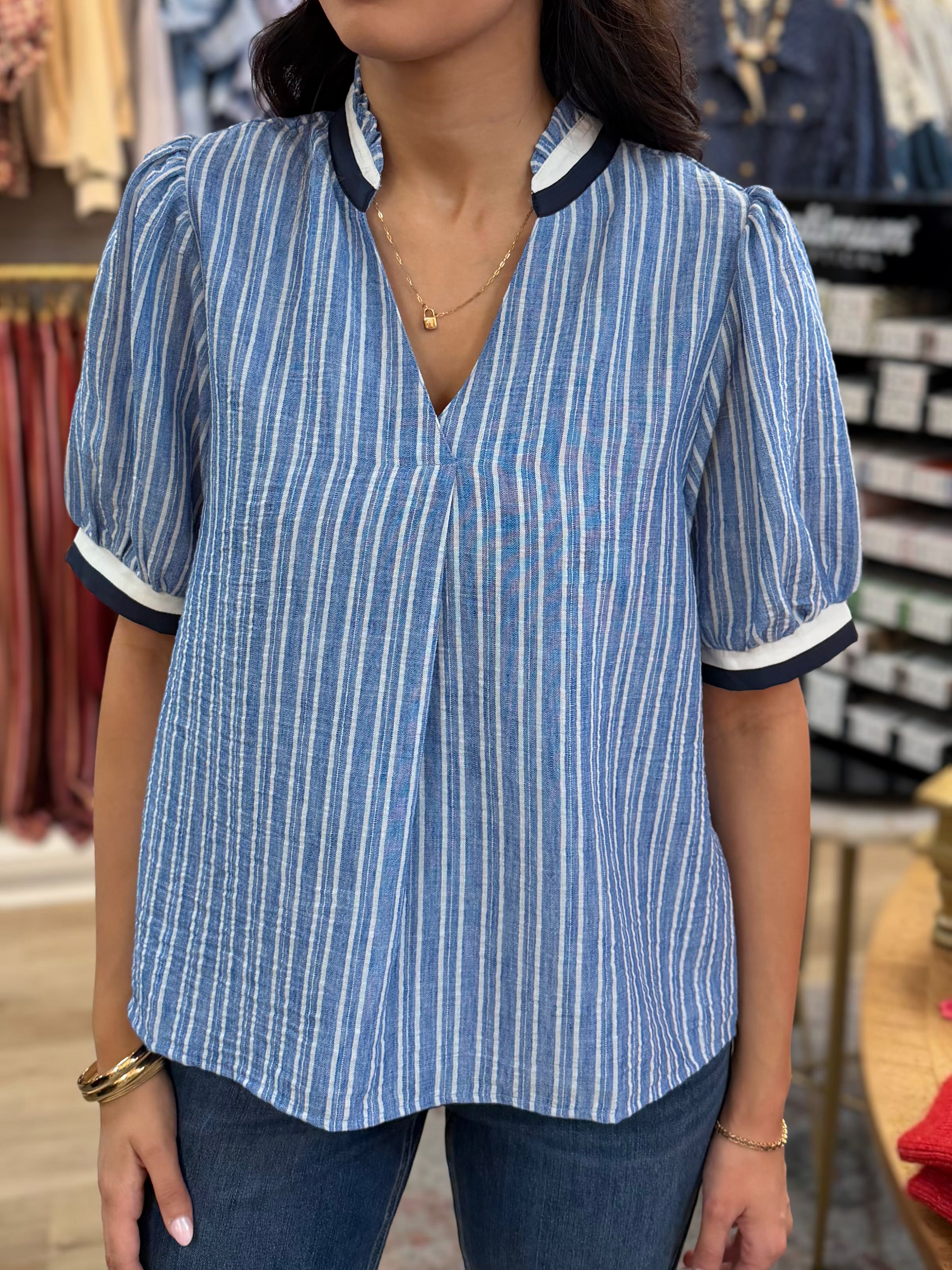 BLUE CONTRAST BANDING STRIPED VNECK SHORT SLEEVE TOP