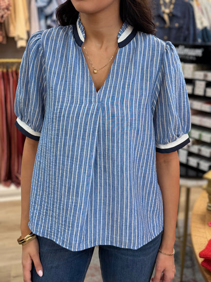 BLUE CONTRAST BANDING STRIPED VNECK SHORT SLEEVE TOP