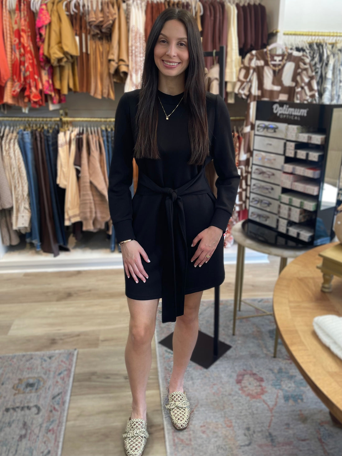BLACK PCILL BUTTER MODAL WAIST TIE LONG SLEEVE MINI DRESS