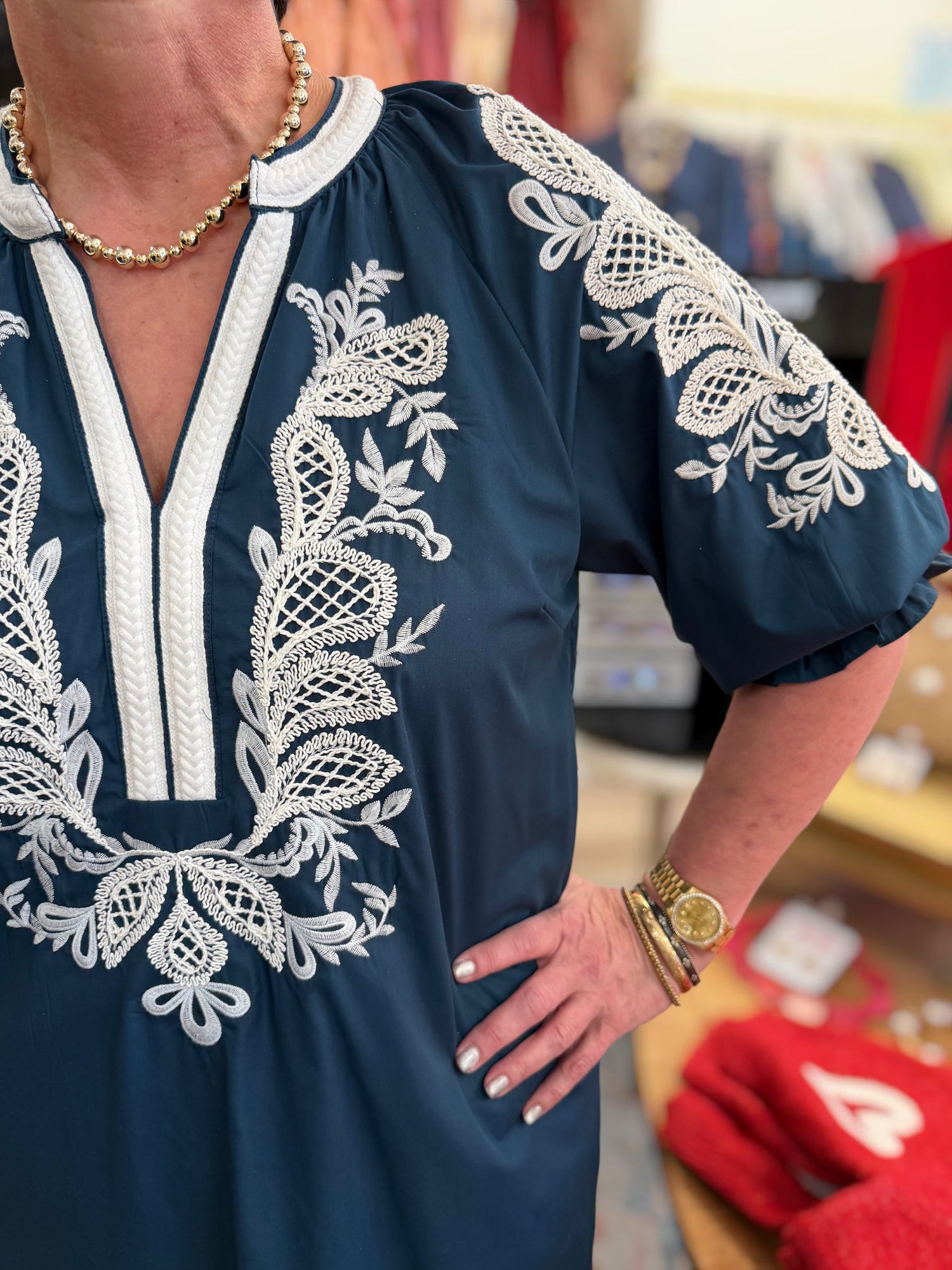 NAVY/WHITE EMBROIDERY DETAIL SMOCKED HALF SLEEVE MIDI DRESS