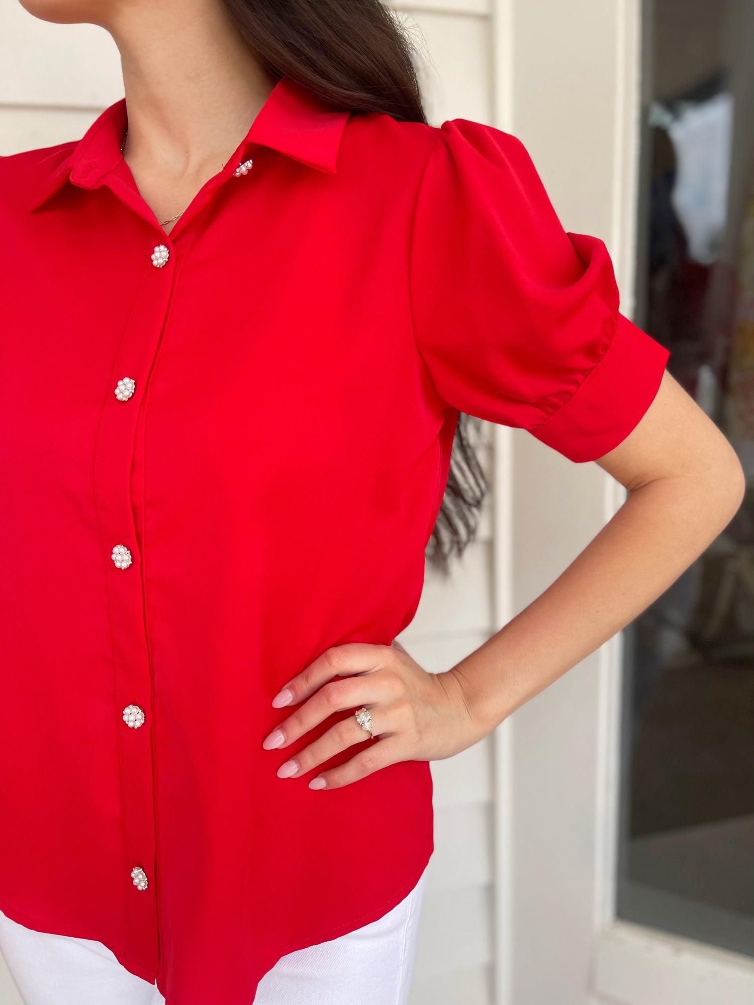 RED COLLARED PUFF SLEEVE PEARL BUTTON UP BLOUSE