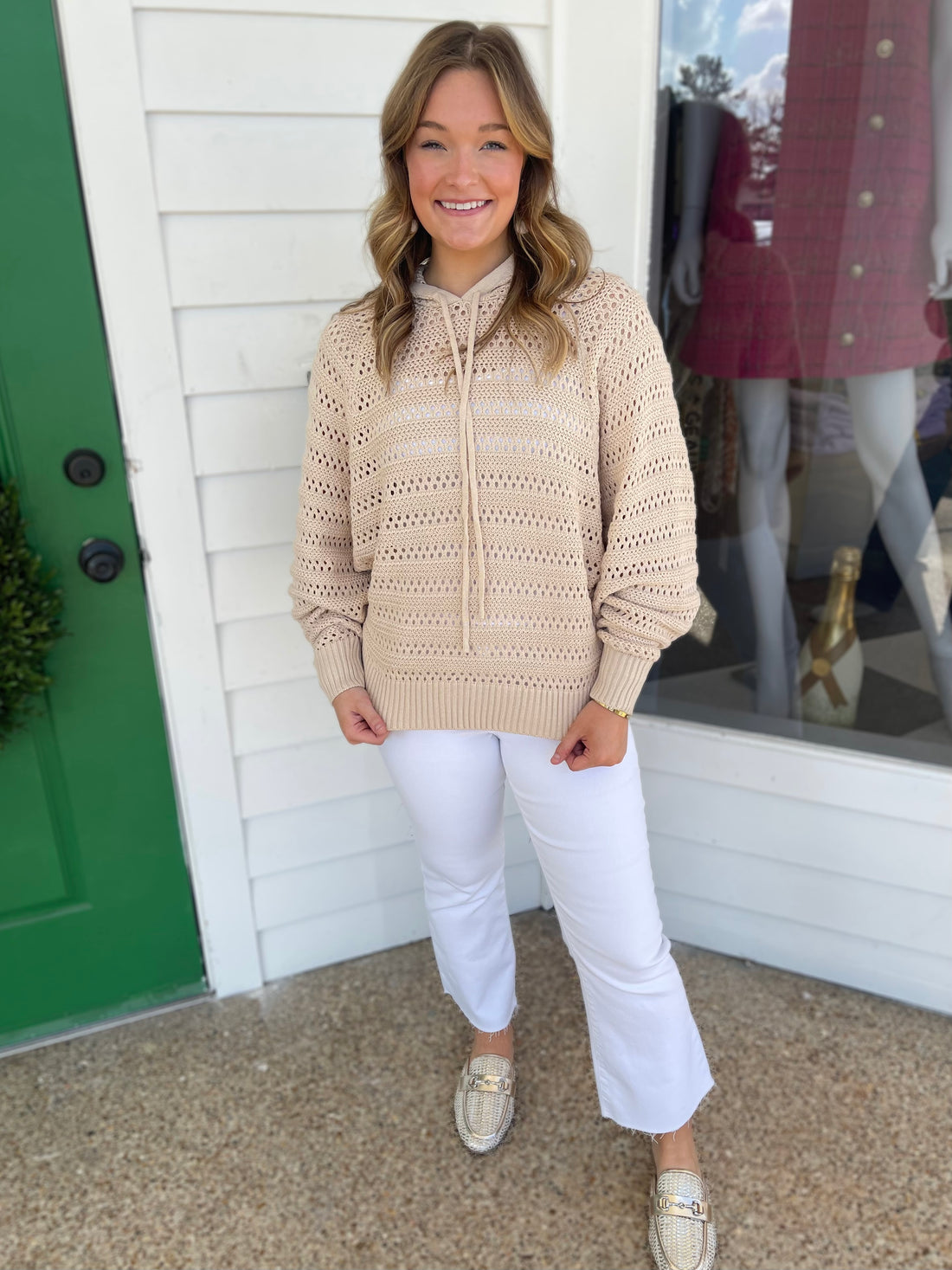 NATURAL CROCHET DOLMAN SLEEVE PULLOVER HOODIE SWEATER