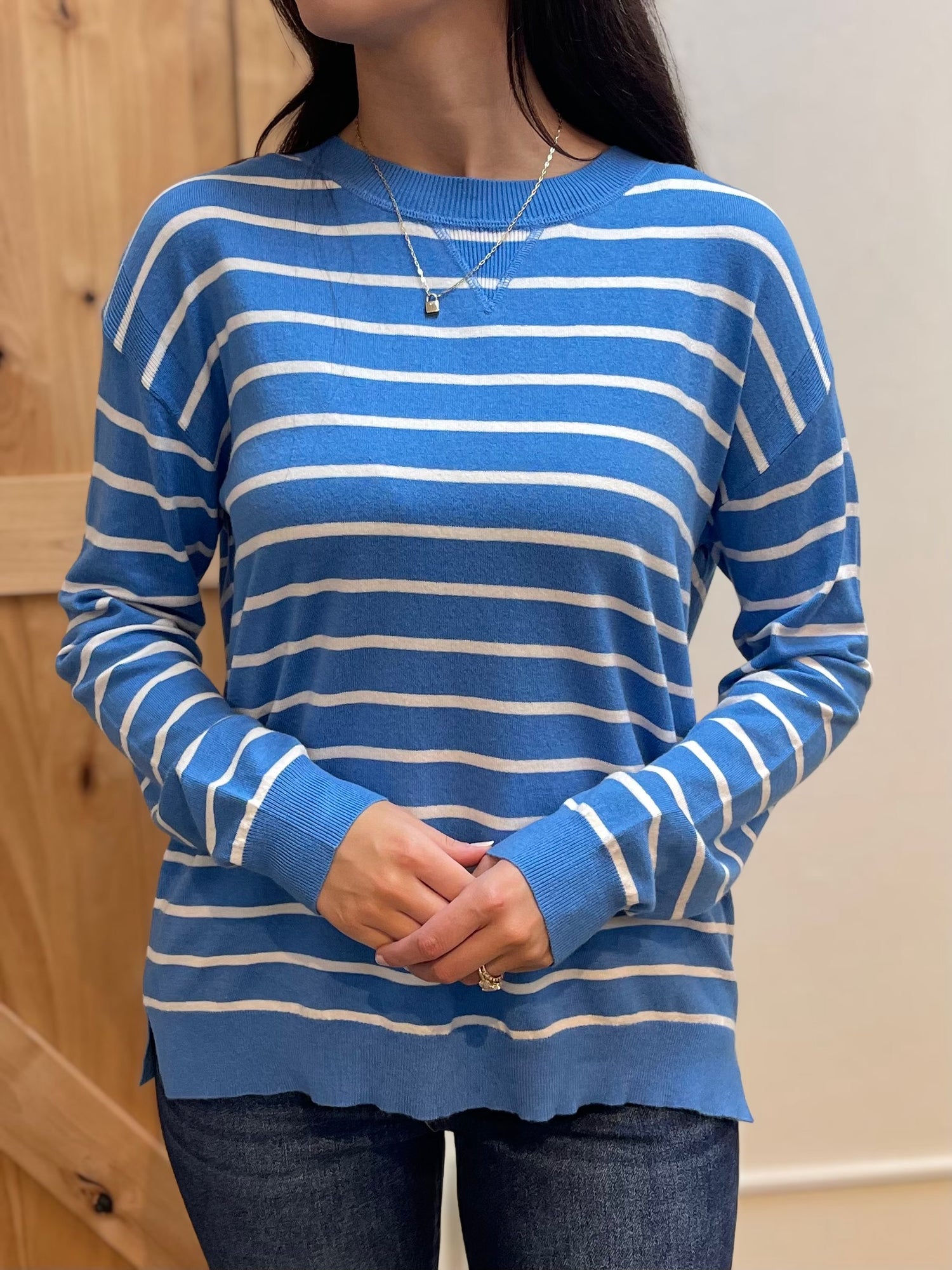 INDIGO STRIPED LONG SLEEVE PULLOVER SWEATER
