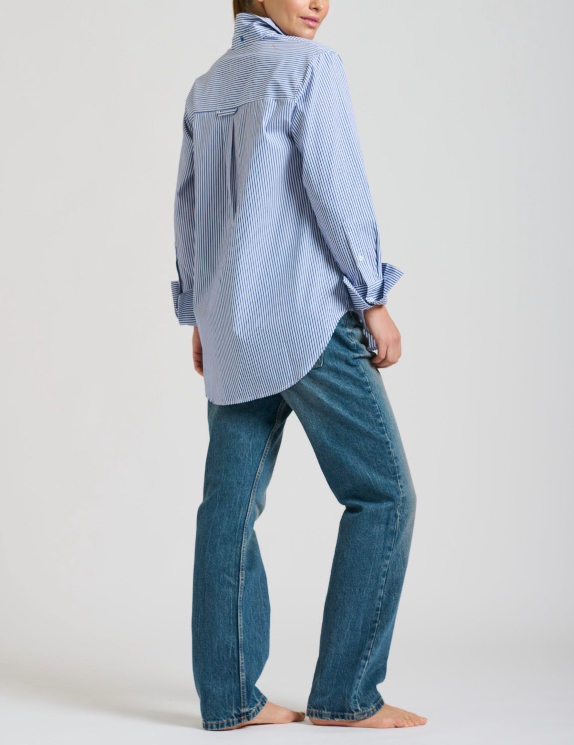 NAVY STRIPE ELODIE TRIM LONG SLEEVE BUTTON UP GIRLFRIEND RELAXED TOP