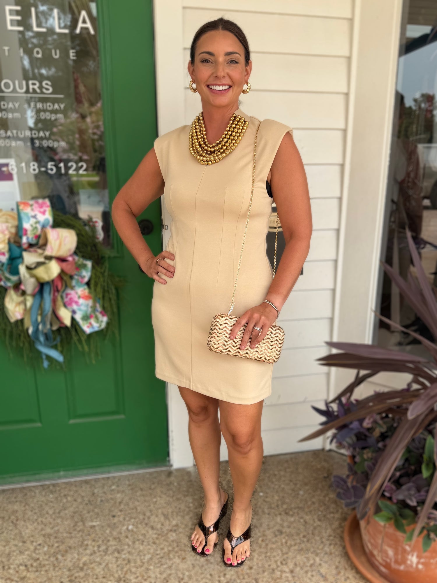 SAND VNECK STRETCH KNIT TAILORED MINI DRESS