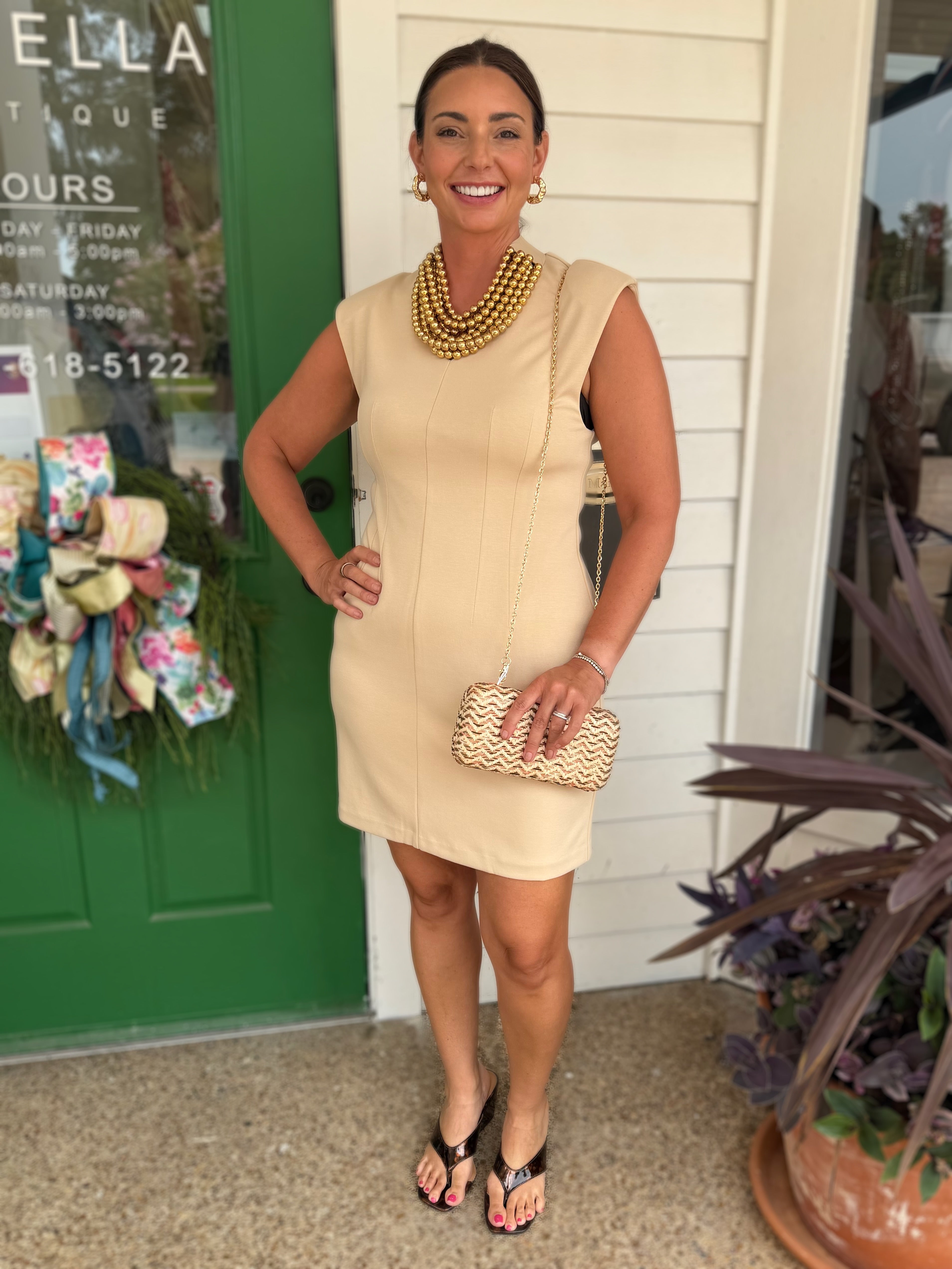 SAND VNECK STRETCH KNIT TAILORED MINI DRESS