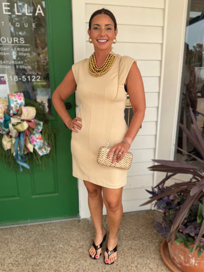 SAND VNECK STRETCH KNIT TAILORED MINI DRESS