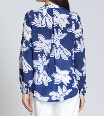 DARK BLUE FLORAL PRINT CROSSOVER TASSEL TOP