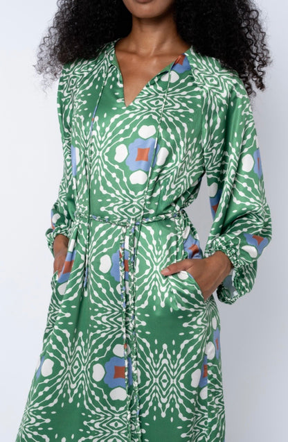 GREEN MULTI GEO PRINT JARDIN MIDI DRESS