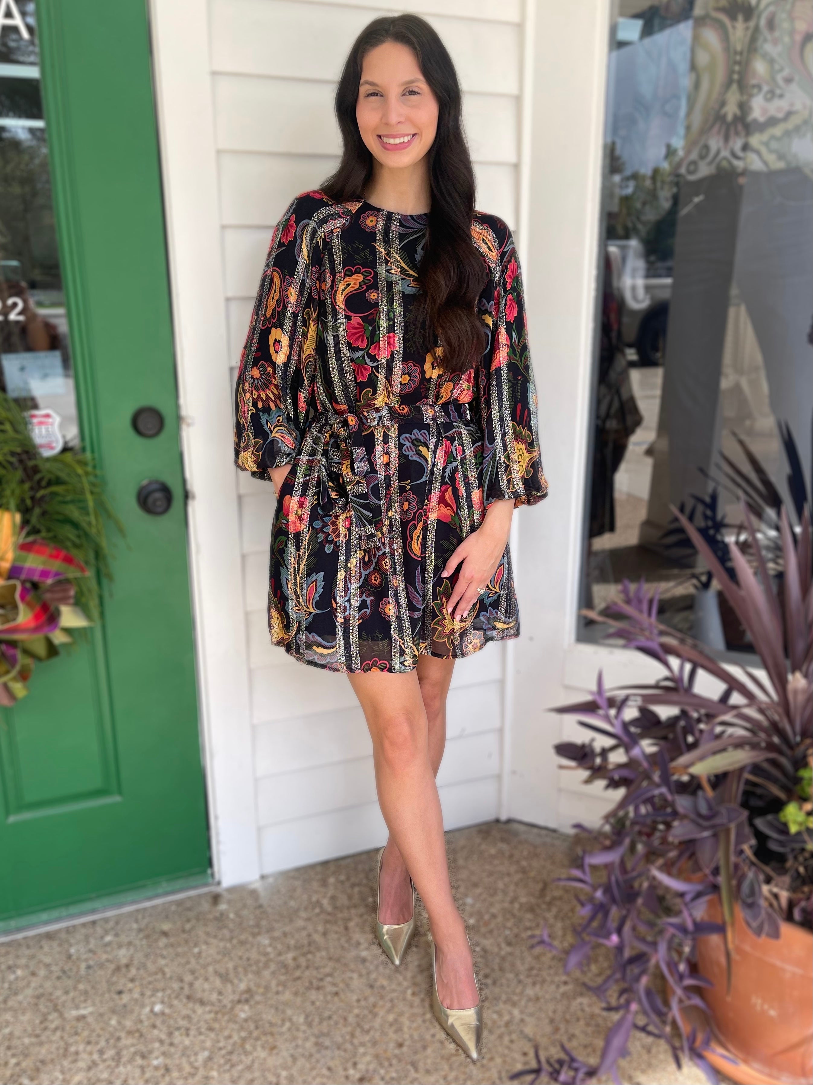 BLACK MULTI FLORAL PRINT METALLIC STRIPE LONG BUBBLE SLEEVE ODETTE MINI DRESS