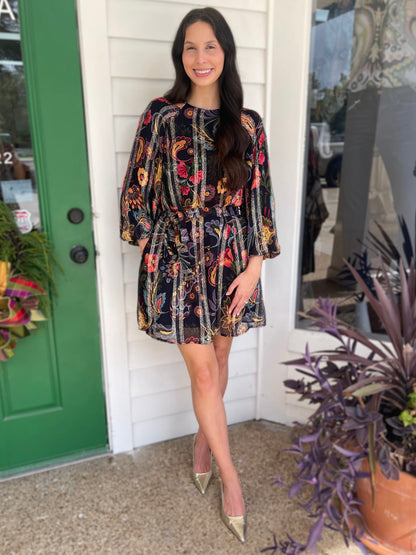 BLACK MULTI FLORAL PRINT METALLIC STRIPE LONG BUBBLE SLEEVE ODETTE MINI DRESS