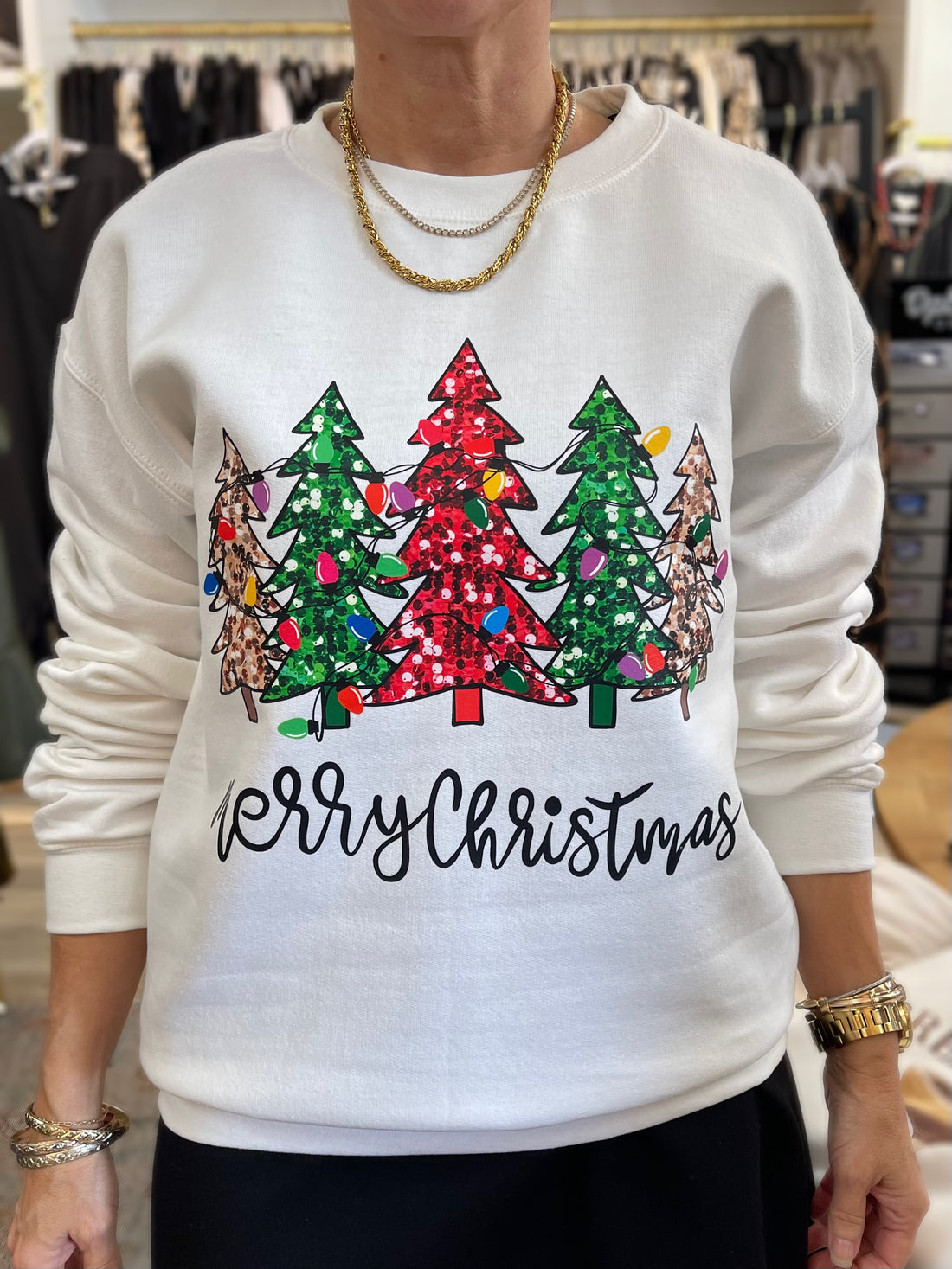 WHITE &quot;MERRY CHRISTMAS&quot; WITH SPARKLING TREES SWEATSHIRT