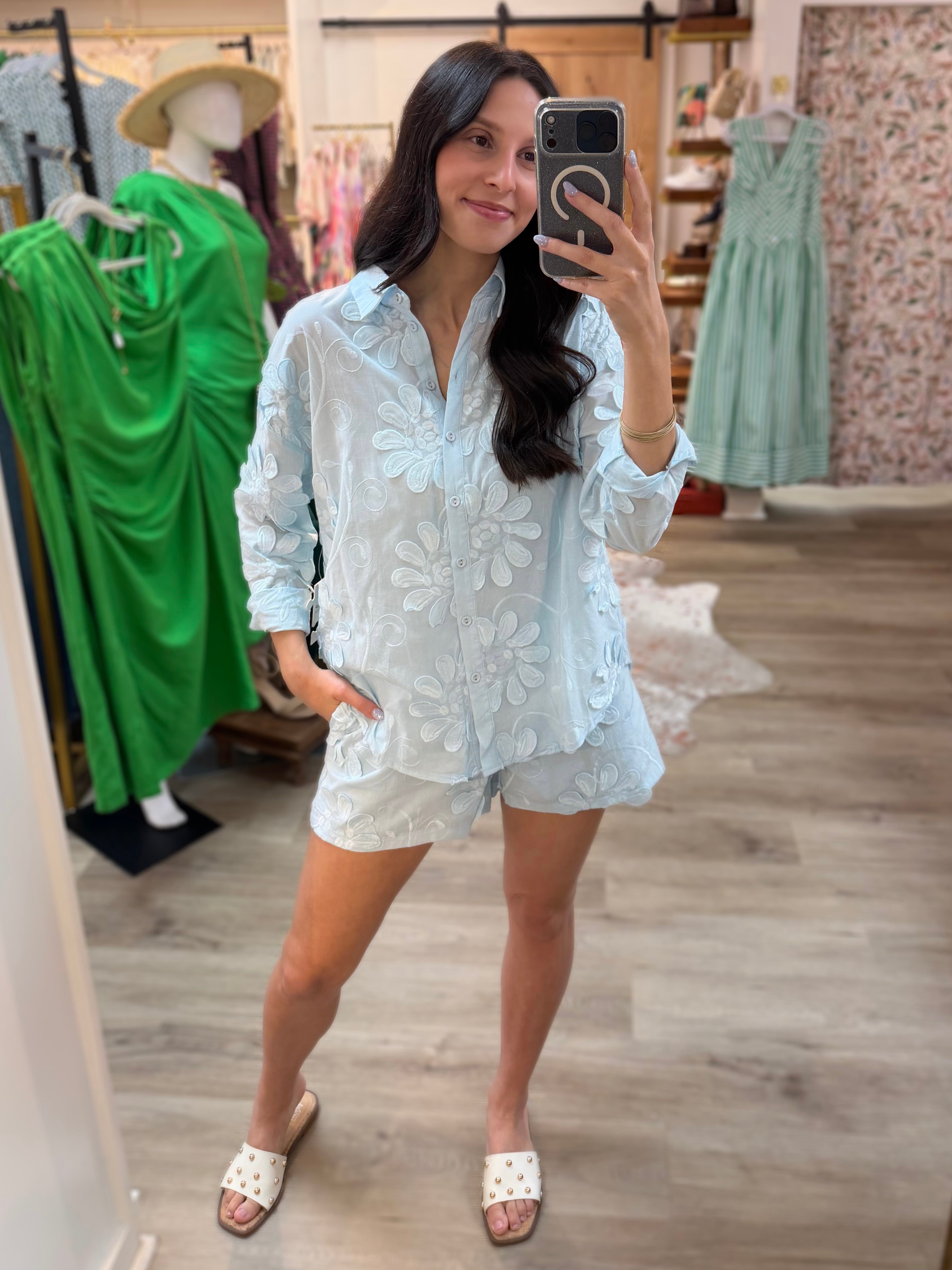 SKY BLUE 3DFLORAL APPLIQUE LONG SLEEVE SHIRT AND SHORT SET
