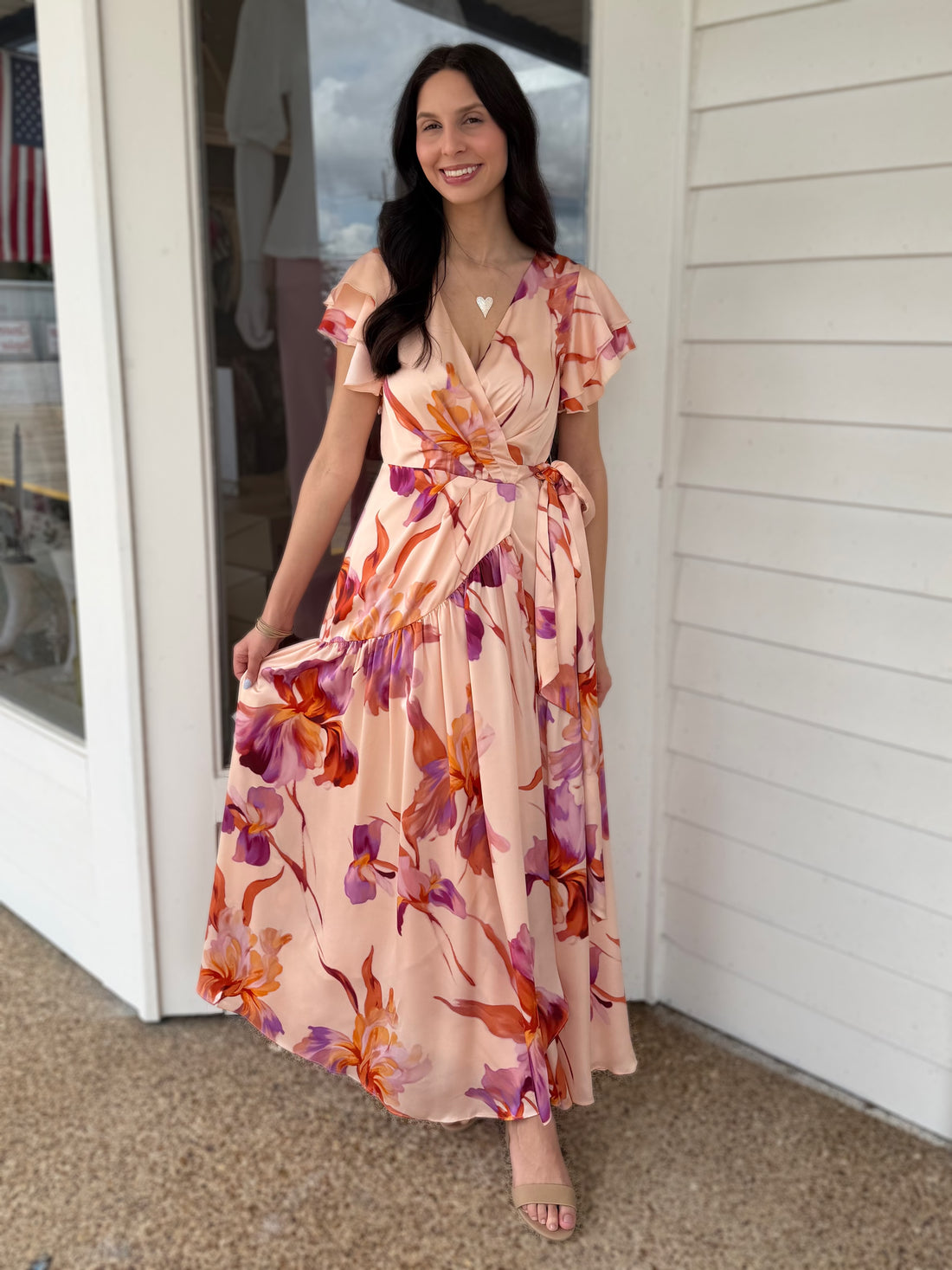 CHAMPAGNE MULTI FLORAL PRINT ASYMMETRIAL TIERED RUFFLE SLEEVE SATIN WRAP MAXI DRESS