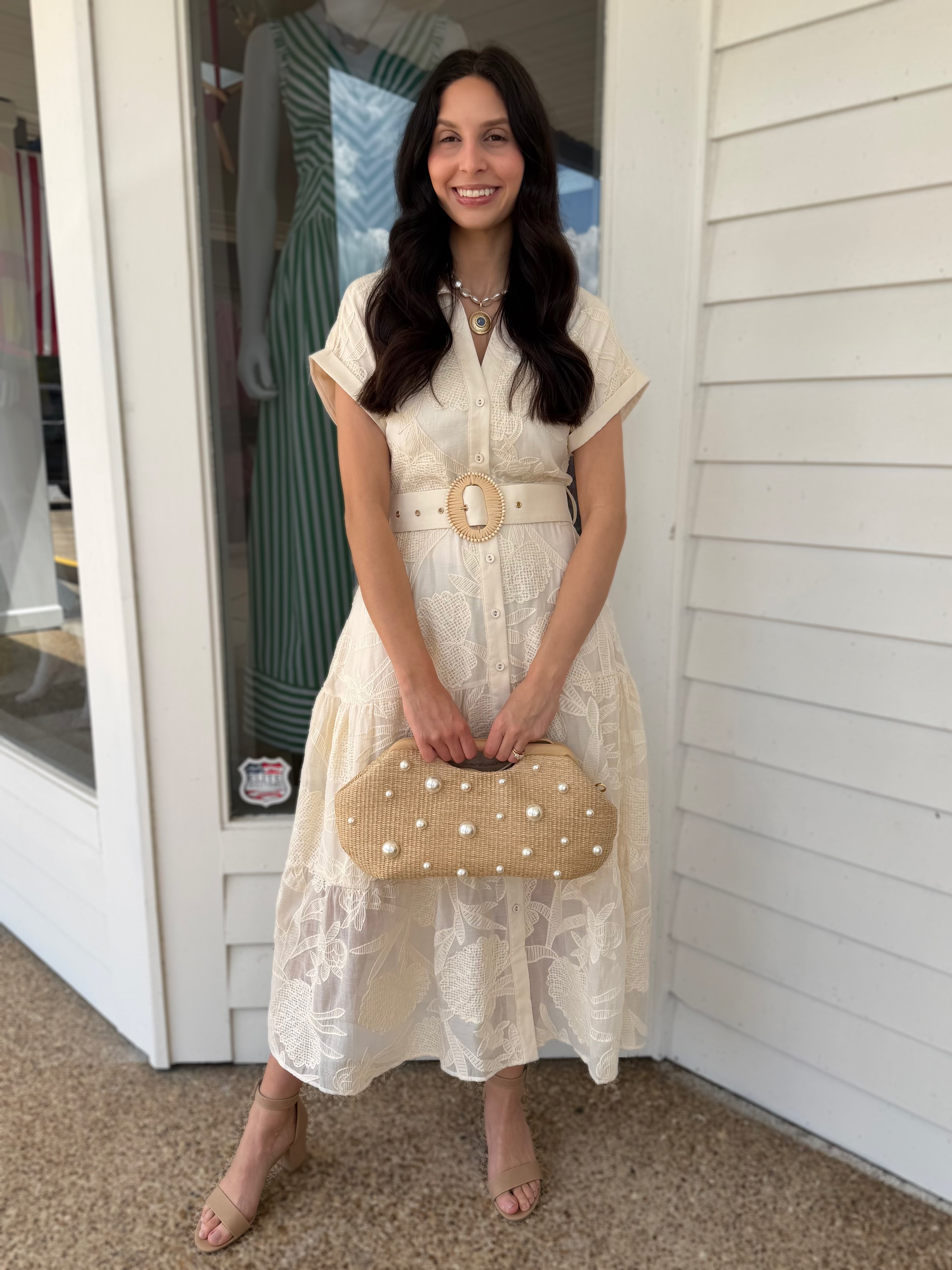 CREAM EMBROIDERED BELTED BUTTON UP SHORT SLEEVE DRESS