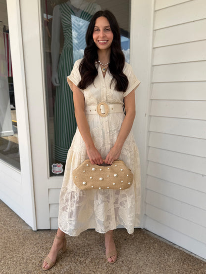 CREAM EMBROIDERED BELTED BUTTON UP SHORT SLEEVE DRESS