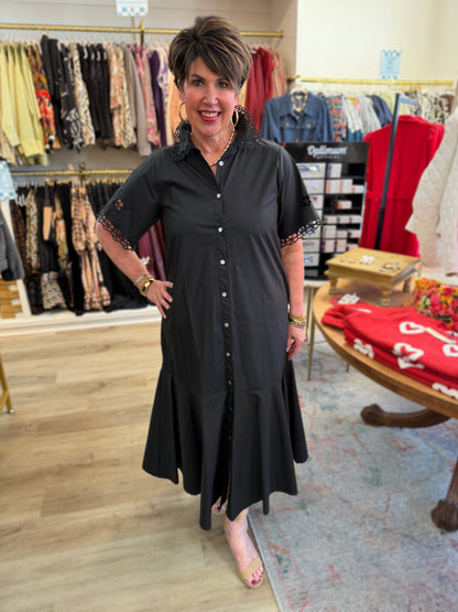 BLACK EYELET DETAIL SHORT SLEEVE BUTTON UP FLAIR HEM MIDI DRESS
