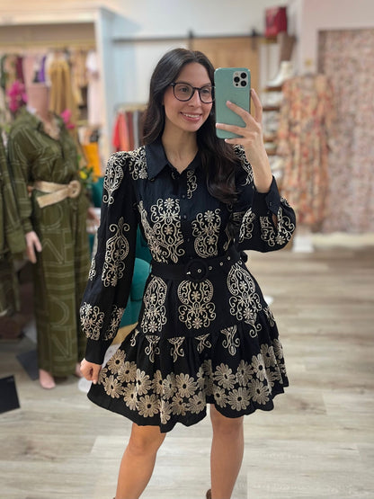BLACK/IVORY EMBROIDERED LONG SLEEVE BUTTON UP MINI DRESS