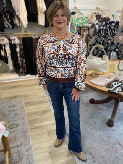 IVORY/BROWN/BLUE BORDER BOHO PRINT BLOUSE