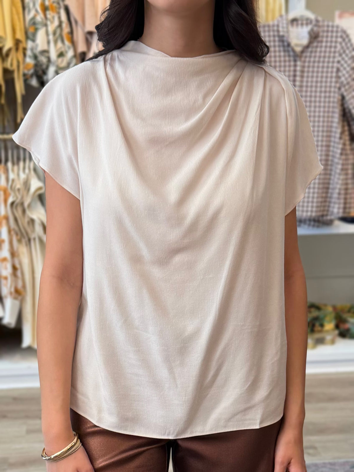 IVORY TENCEL BLEND HIGH COWL NECK SHORT CAP SLEEVE TOP