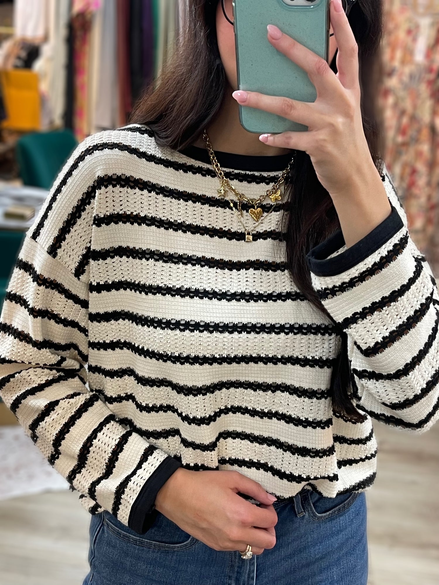 IVORY/BLACK POINTELLE STRIPED KNIT LONG SLEEVE SWEATER TOP