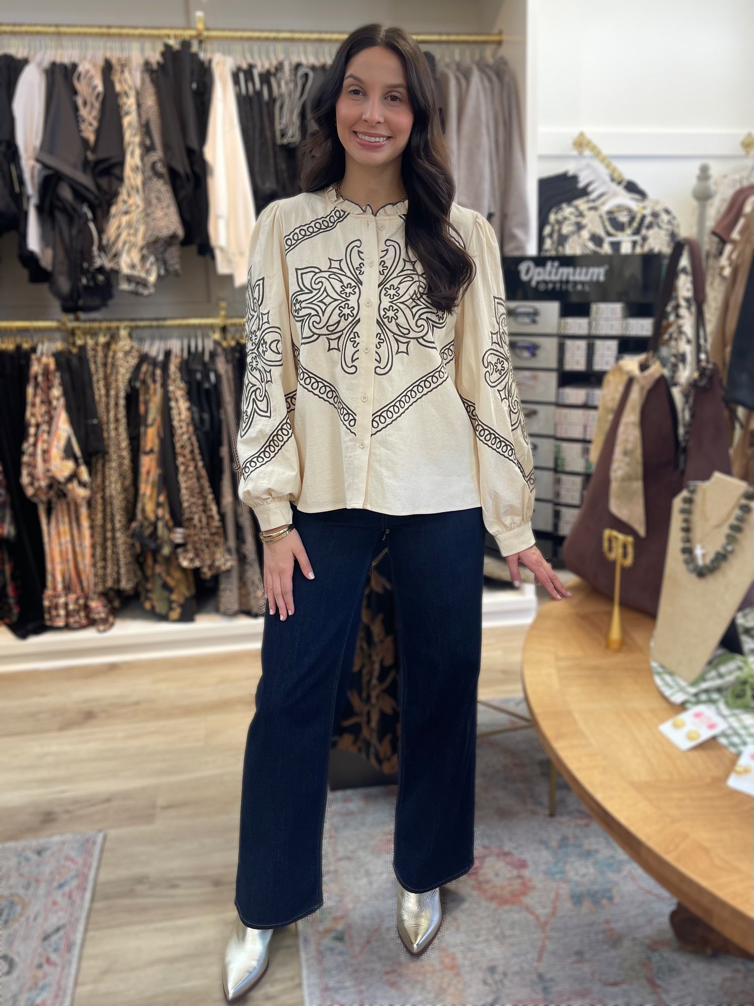 OAT MILK/OLIVE GREEN EMBROIDERED RUFFLED MOCK NECK LONG SLEEVE BUTTON UP TOP