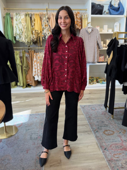 BURGUNDY SHEER EMBROIDERED TULLE LACE LONG PUFF SLEEVE BUTTON UP TOP