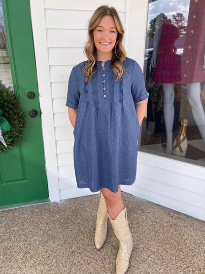 MIDNIGHT BLUE HALF BUTTON DOWN PINTUCK MINI DRESS