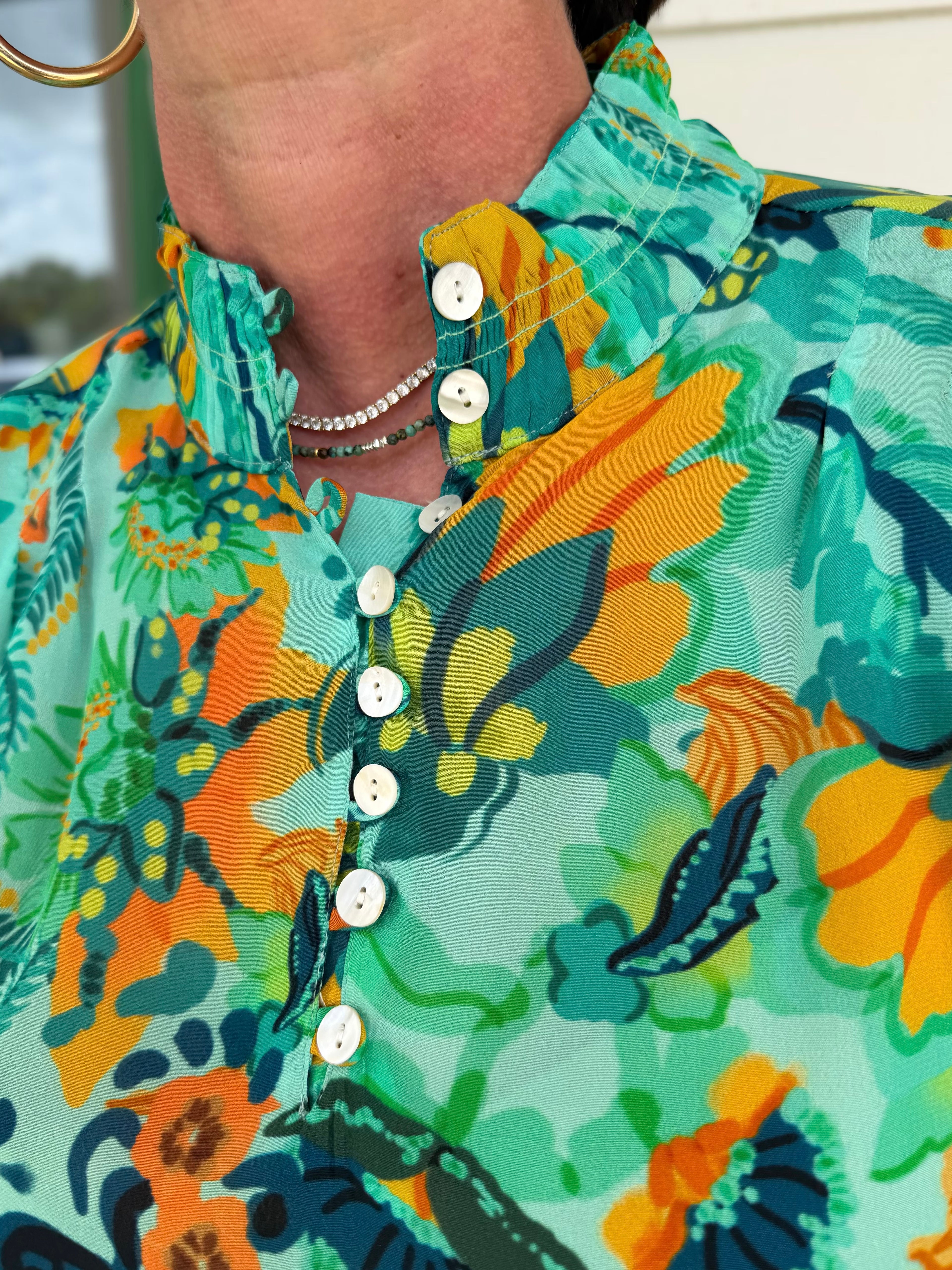 TURQUOISE MULTI BOTANICAL BREEZE PRINT LONG PUFF SLEEVE TOP
