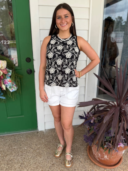 BLACK FLORAL EMBROIDERED SLEEVELESS TANK TOP