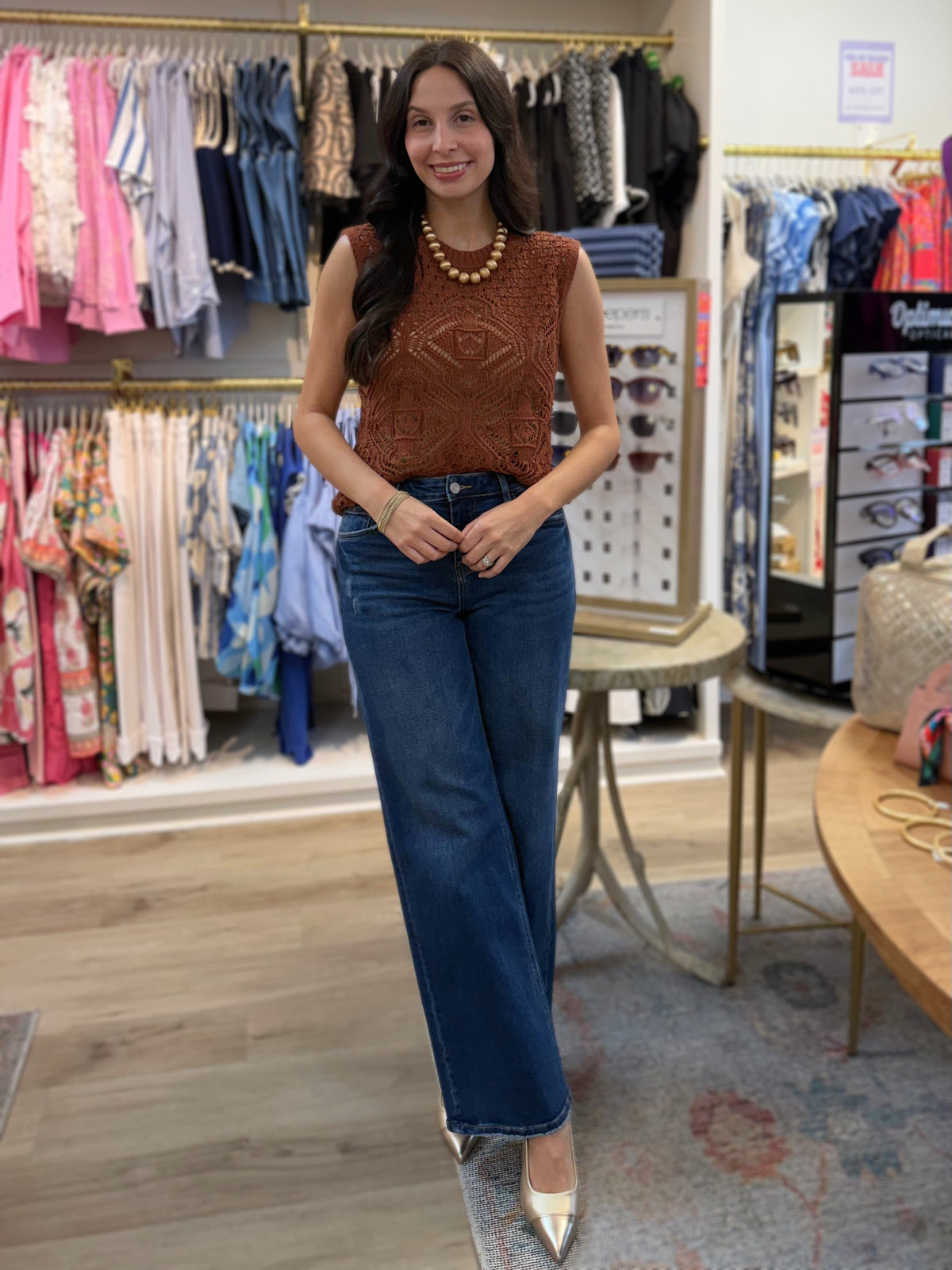 CHESTNUT CROCHET KNIT SLEEVELESS PULLOVER NILA SWEATER