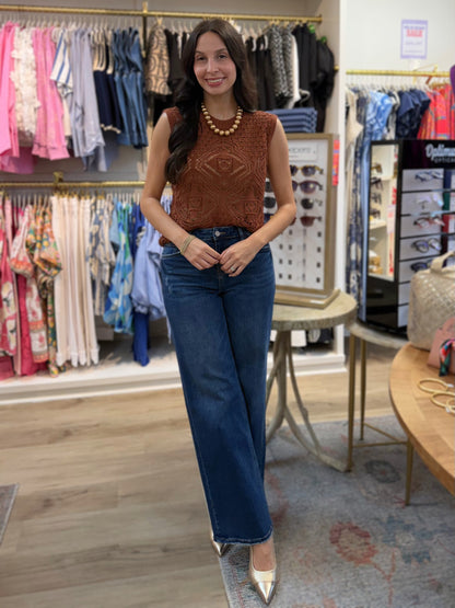 CHESTNUT CROCHET KNIT SLEEVELESS PULLOVER NILA SWEATER