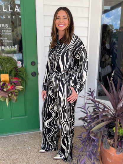 BLACK/IVORY PRINT BUTTON-DOWN ELASTIC HEM LONG SLEEVE SHIRT