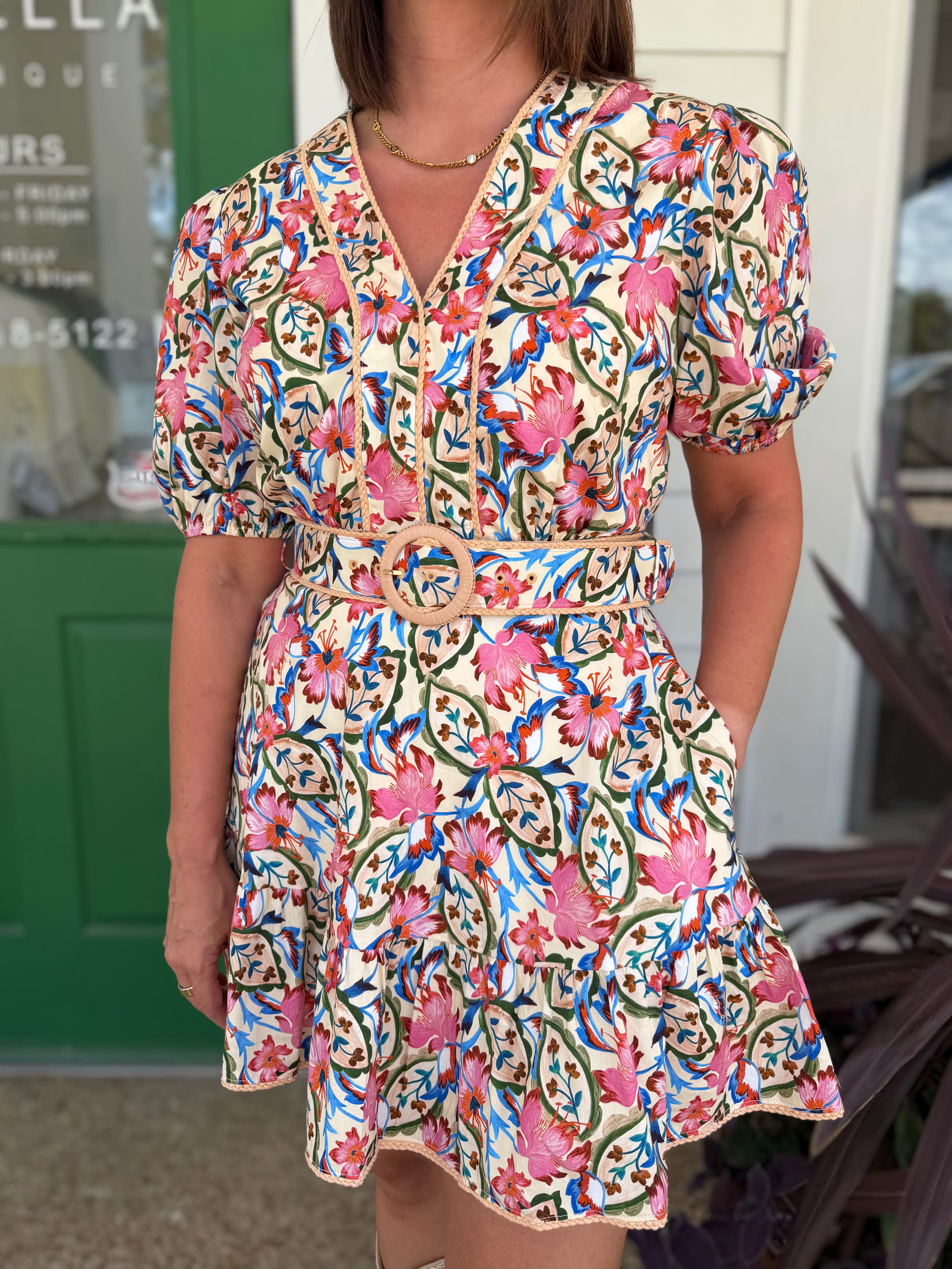 IVORY MULTI FLORAL VNECK PUFF SLEEVE BELTED MINI DRESS
