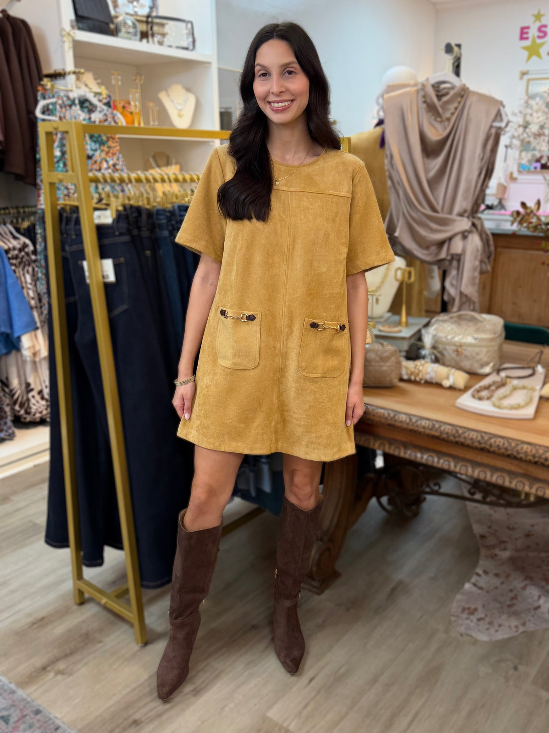 GOLD SUEDE HORSE-BIT DETAIL PATCH POCKET SHORT SLEEVE MINI DRESS