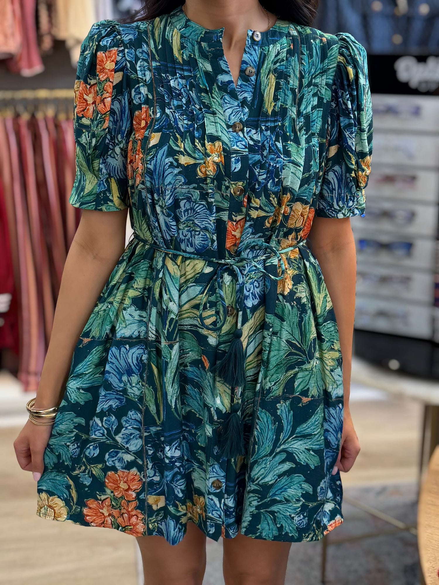 NAVY FLORAL PRINT BUTTON UP SHORT SLEEVE WAIST TASSLE TIE MINI DRESS